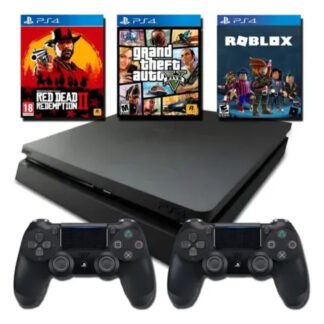 PlayStation 4 Slim 500GB com 2 controles DualShock 4 e 1 jogo incluso.