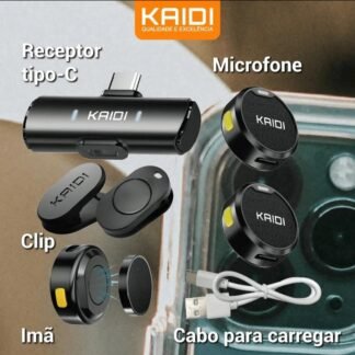 Microfone Lapela Sem Fio Kaidi USB Tipo-C Profissional para Entrevistas, Lives e Gravações – Alta Qualidade de Áudio Preto