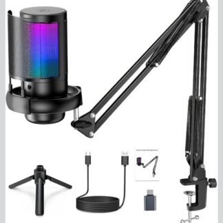 Microfone USB Gamer RGB Profissional com Braço Articulado – Condensador para PC, Podcast, Streaming e Gravação
